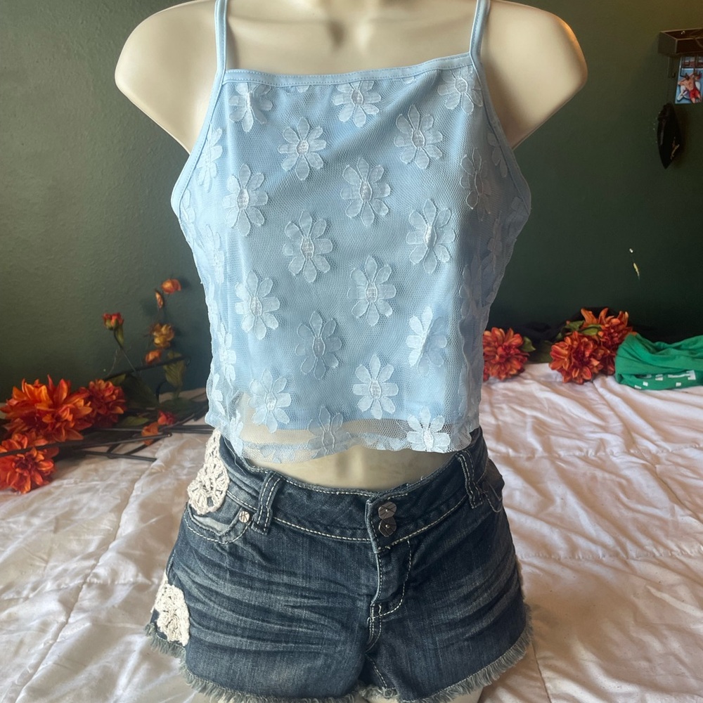 Vintage Blue Floral Lace Spaghetti Strap Top